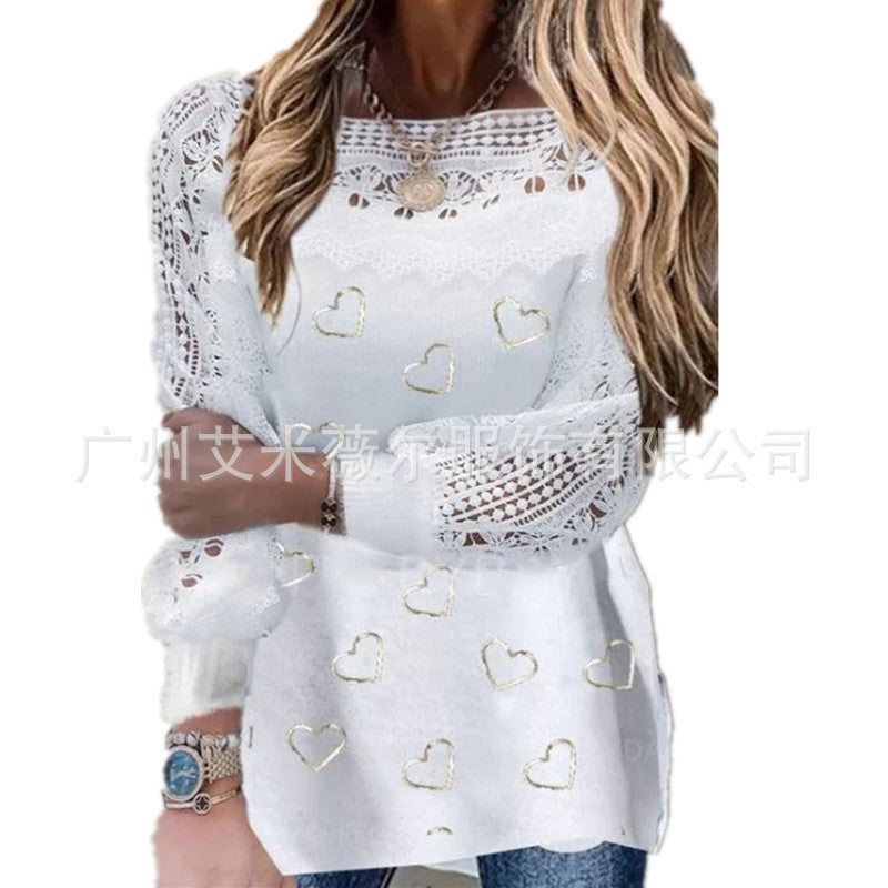 Printed Sexy Lace Thick Long Sleeved T-shirt Knitted Sweater