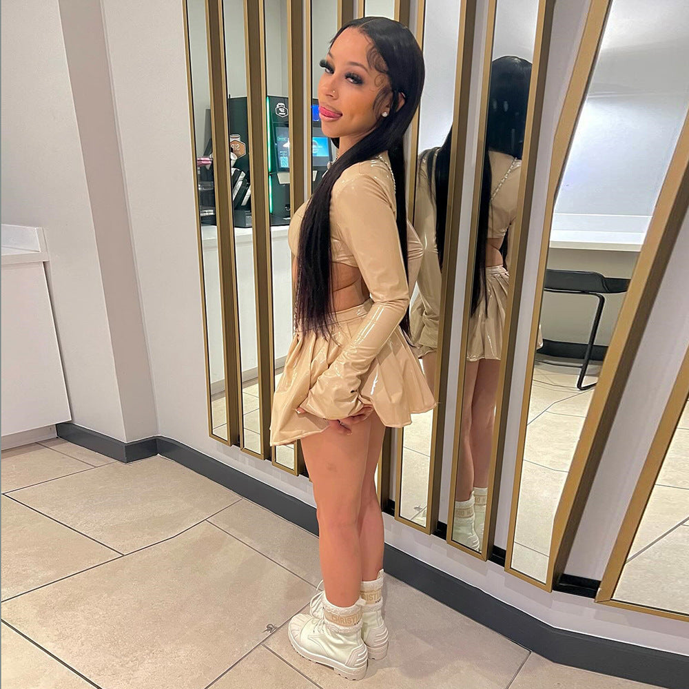 Long Sleeve Round Neck Sexy Pleated Skirt Two-piece Set