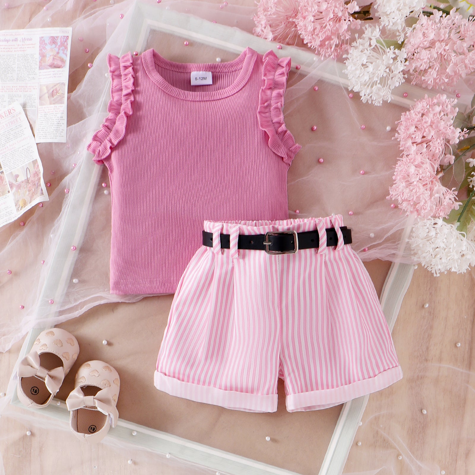 Girls' Pink Sunken Stripe Vest Shorts