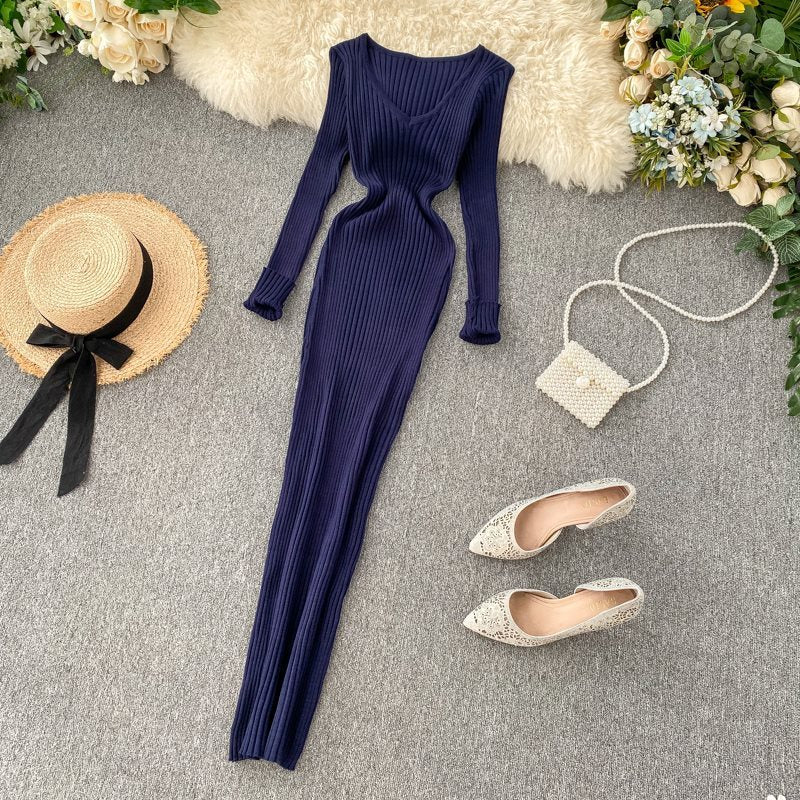Dress Women Simple Solid Color Long Sleeve Tight