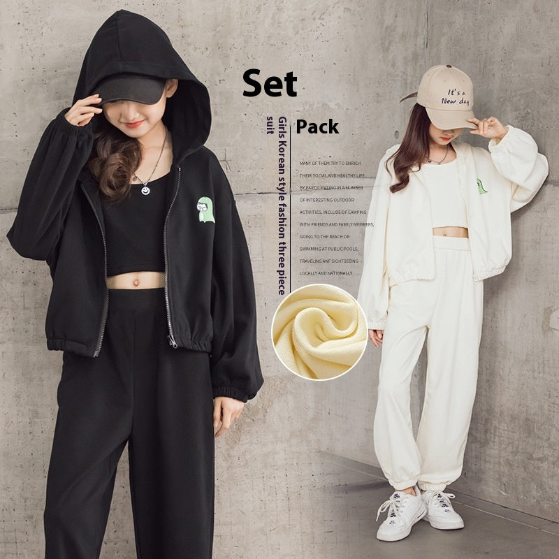 Korean Style Zip-up Shirt Casual Pants Three-piece Children's Sportswear