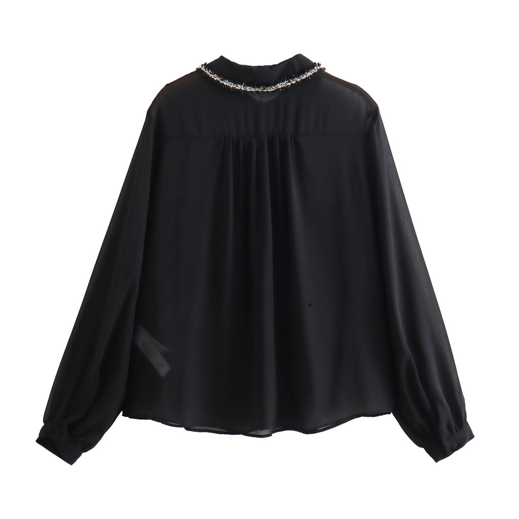 Autumn New European And American Style Texture Patchwork Pocket Decorative Chiffon Loose Shirt