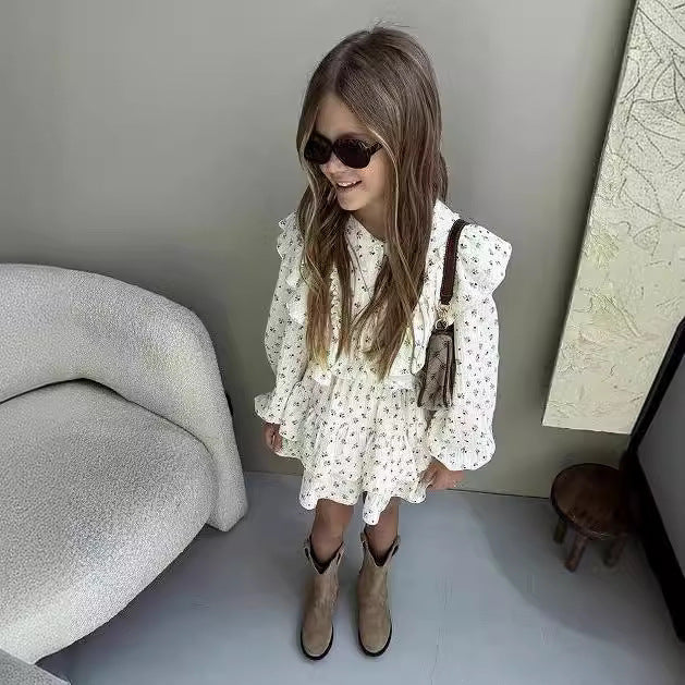 Girls' Autumn Floral Lace Shirt Tiered Skirt Children Two-piece Set