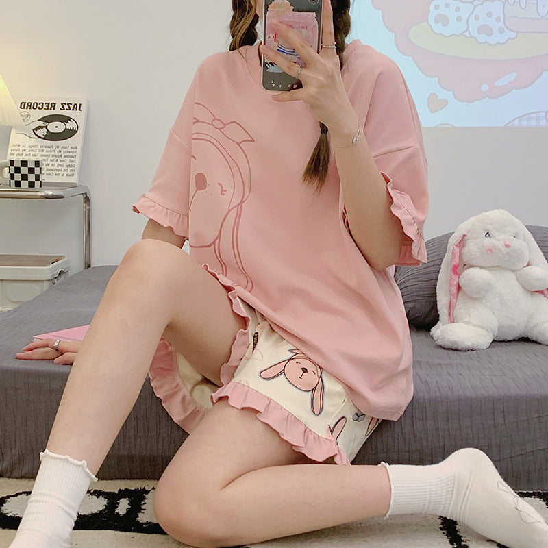 Women's Summer Cute Cartoon Short Sleeve Pajamas Suit