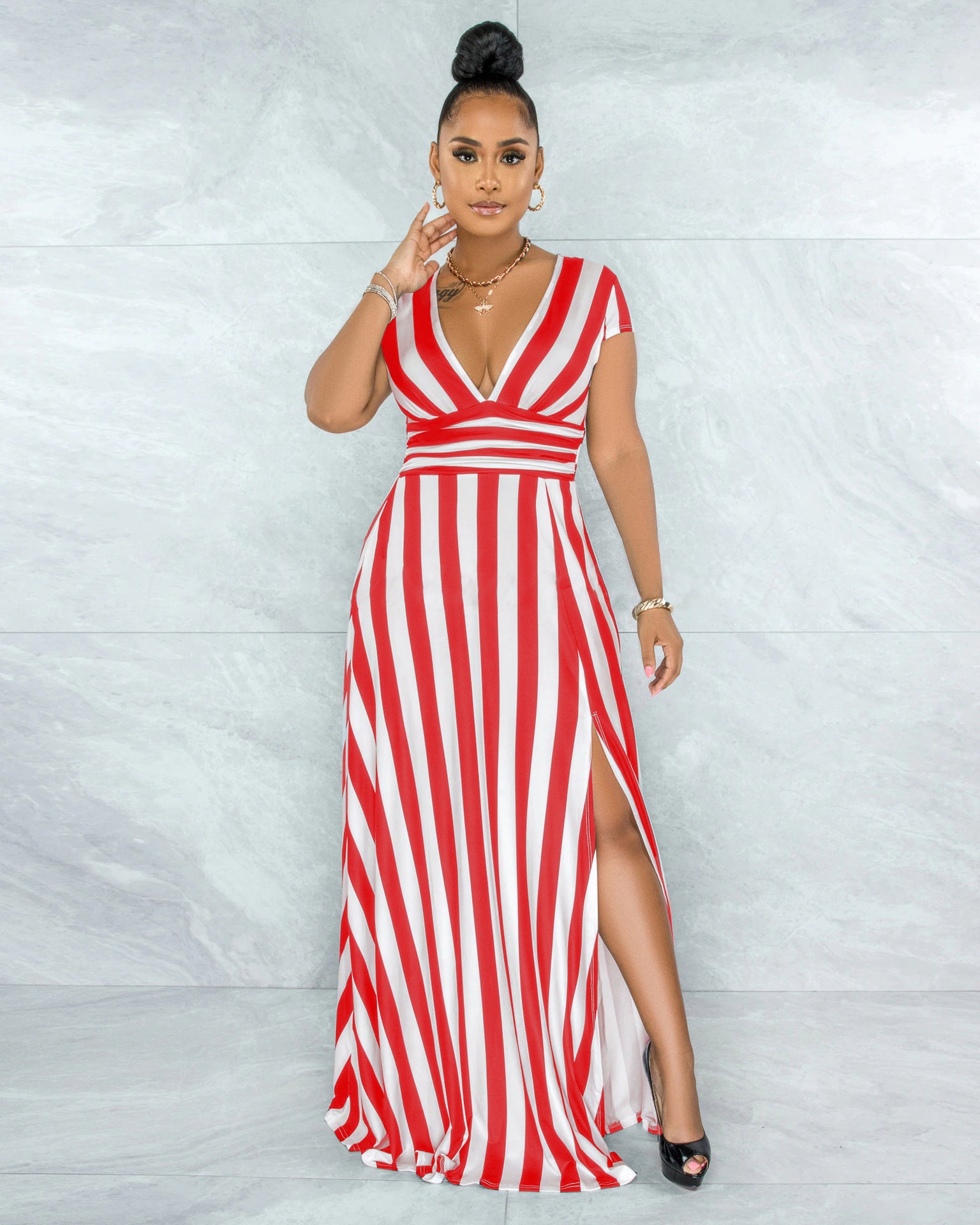 Fashion Striped Sculpting Slit Dress