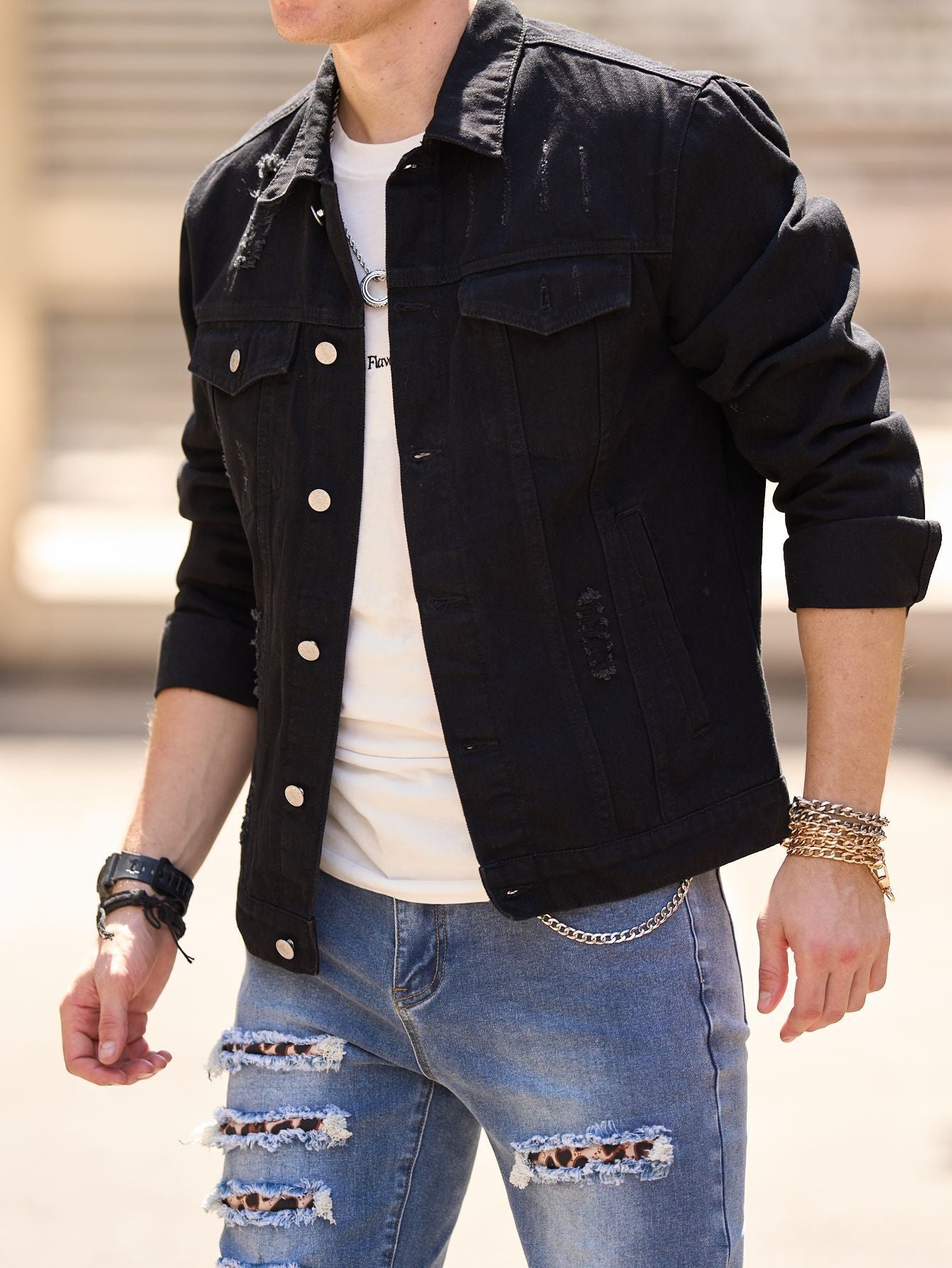 Spring And Autumn Men's Casual Jacket Youth Slim Fit Fashion Ripped Denim Coat