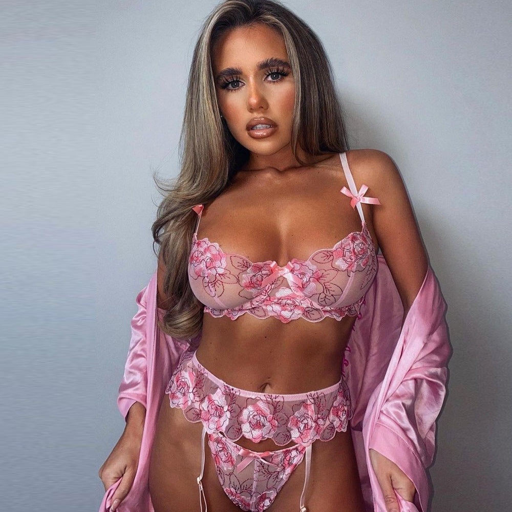 Flower Garter Ladies Underwear Three Piece Set