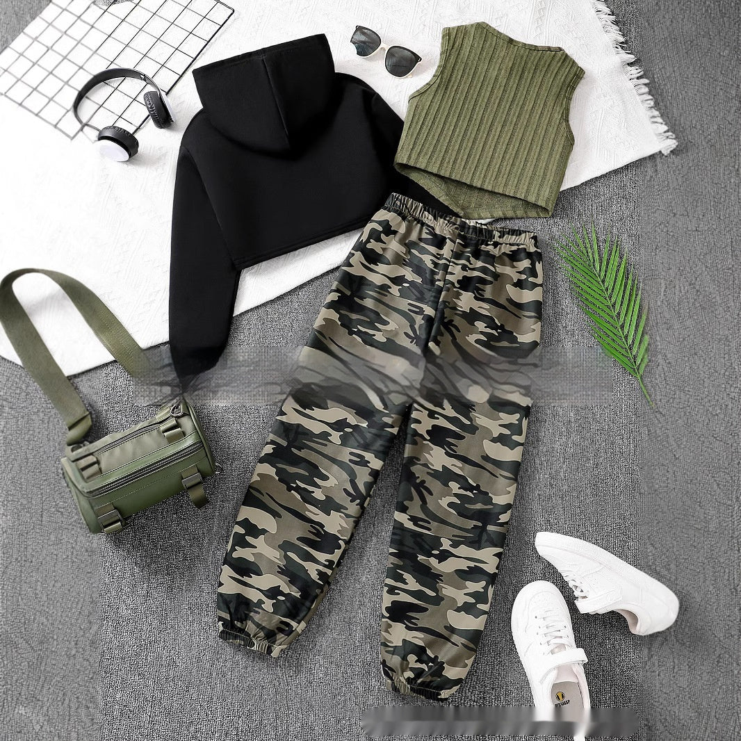 Girls' Cropped Hoodie Rib Vest Camouflage Full Printed Sweatpants Three-piece Set
