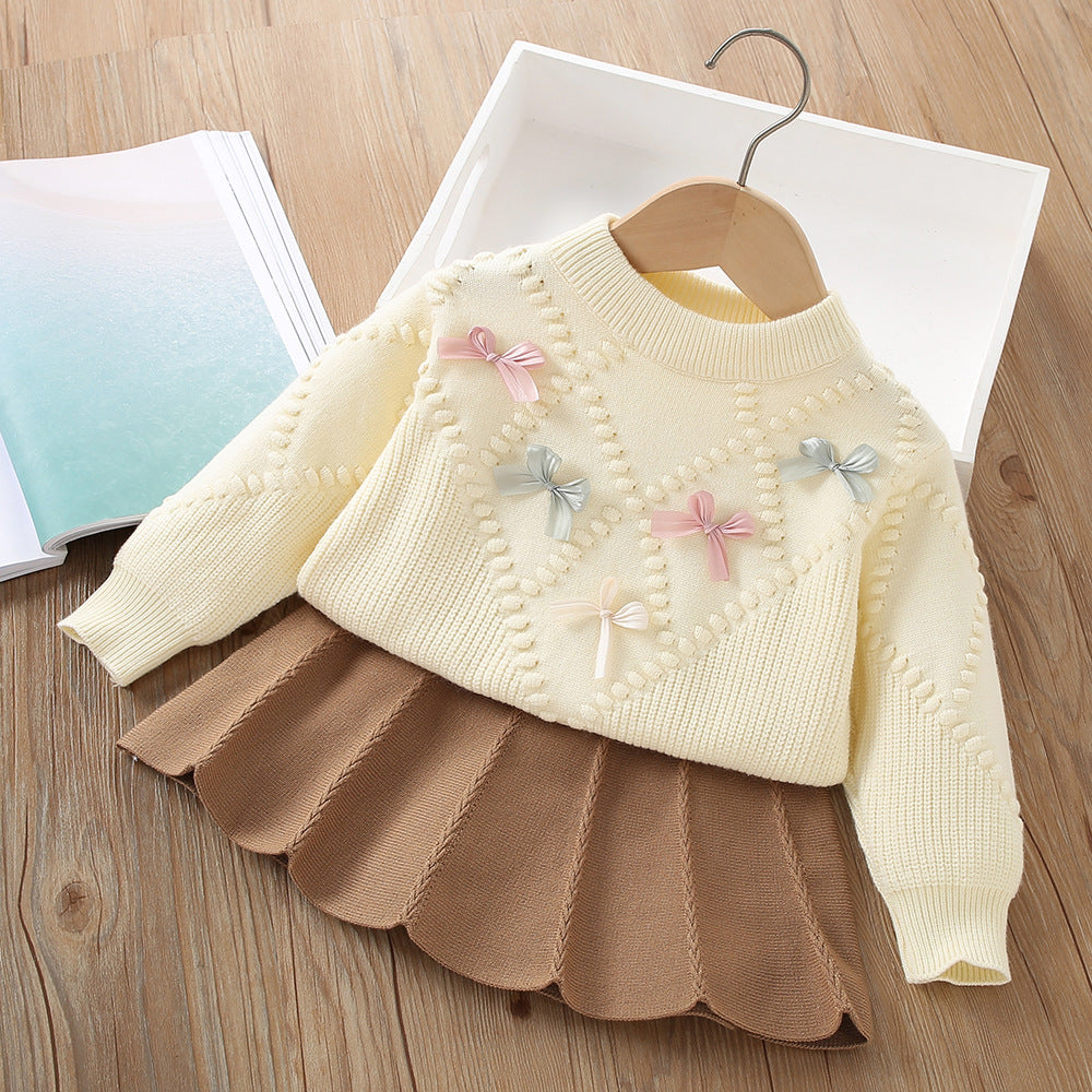 Girls Sweater Suit Autumn Little Girl Flower Long Sleeve Two-piece Skirt
