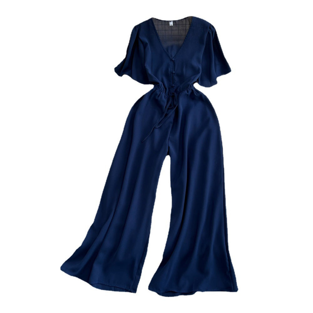 Fashion Flared Sleeves Collar Casual High Waist Slimming Jumpsuit