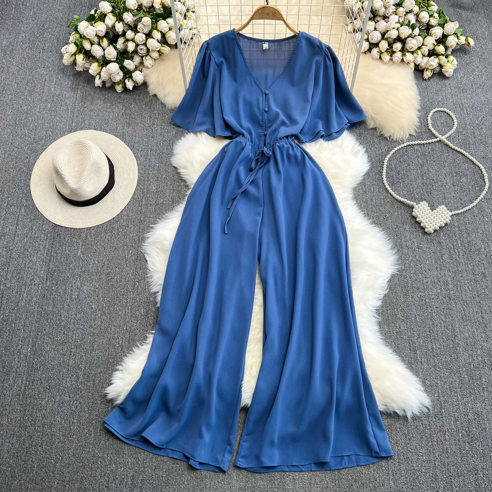Fashion Flared Sleeves Collar Casual High Waist Slimming Jumpsuit