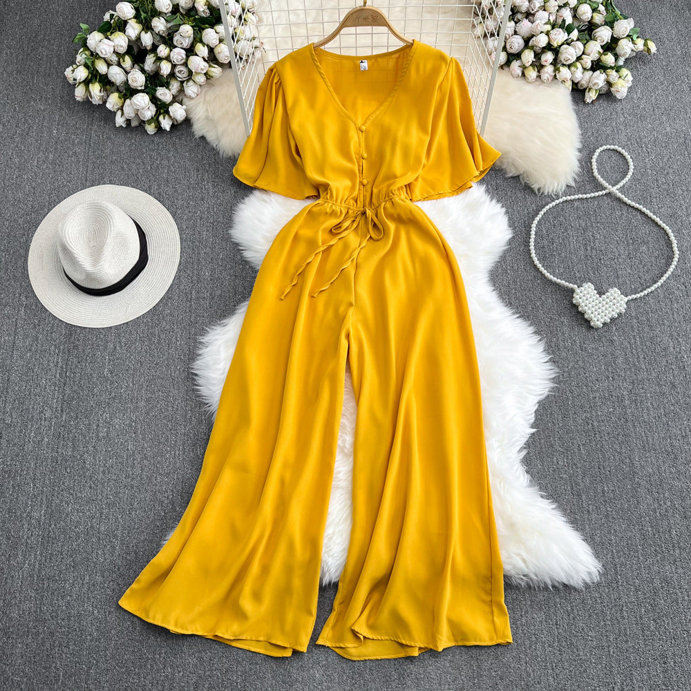 Fashion Flared Sleeves Collar Casual High Waist Slimming Jumpsuit