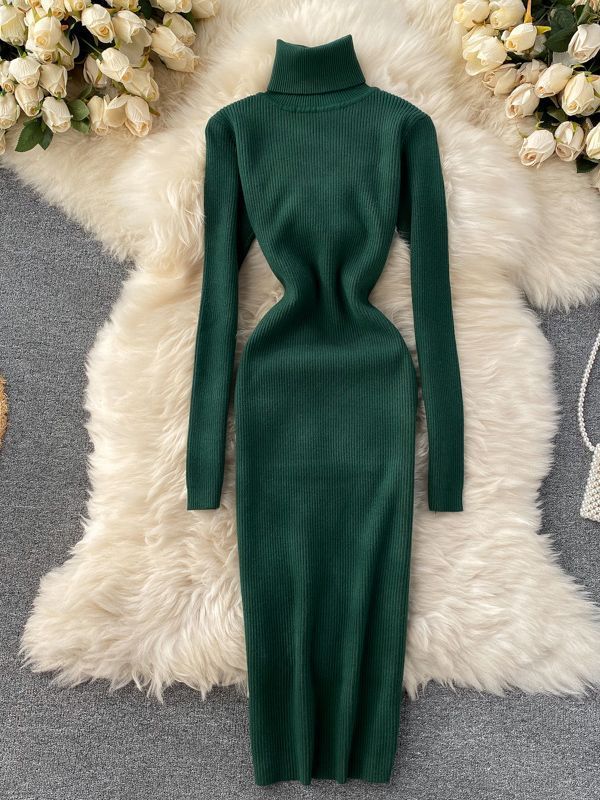 Simple Solid Color Temperament High Collar Slim Knitted Dress