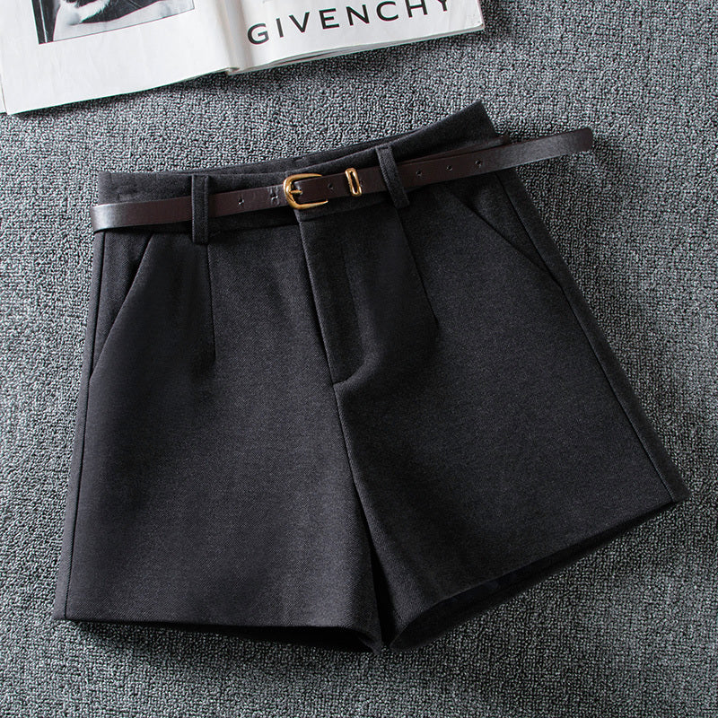 Fashion Solid Color High Waist Woolen Shorts