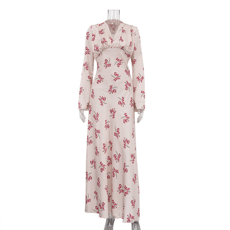 Elegant Printed Satin V-neck Long Sleeve Lace-up Dress