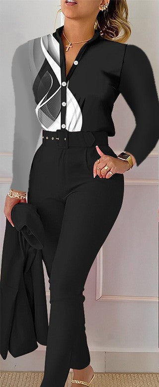 Printed Long-sleeved Top Solid Color Pants Suit With Belt