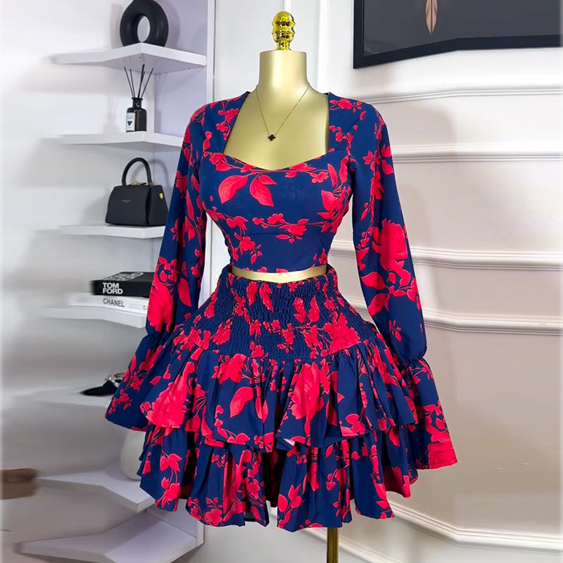 Women's Fresh Printed Long-sleeved Shirt High Waist Skirt Two-piece Set