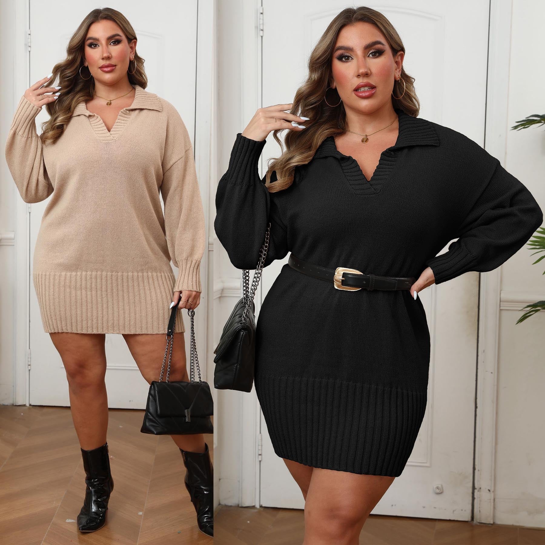 Plus Size Women's Polo Collar Hip Woven Dress Sweater