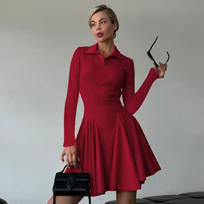 Solid Color Waist Tight Polo Collar Dress
