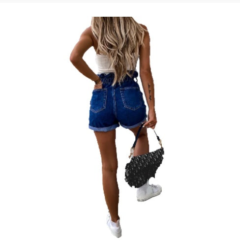 Elastic Waist Buttoned Ruffled Denim Shorts