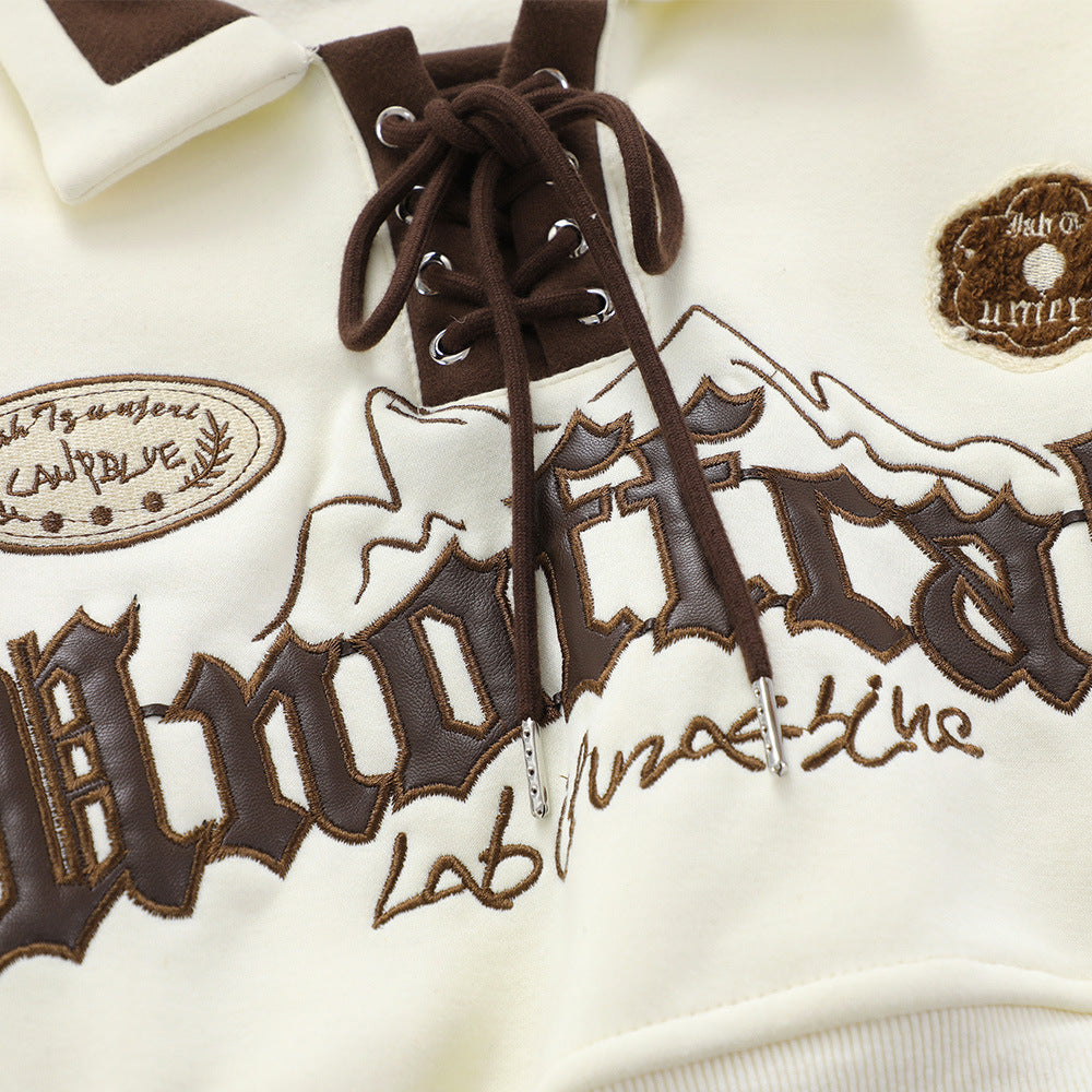 Women's Loose Fashion Polo Collar Lace-up Retro Alphabet Embroidery Color Matching Long Sleeve Short Top