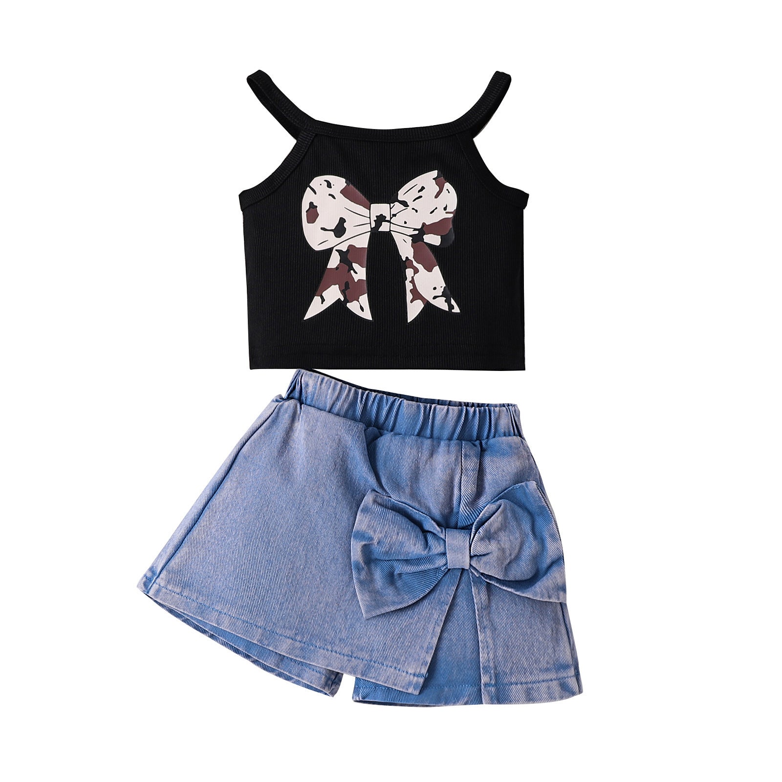 Sweet Cool Female Children's Suit Children Bow Print Sling Irregular Pantskirt