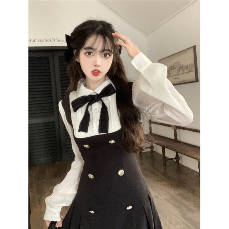 Long Sleeve Fake Two-piece Sweet Bow Black Slimming Lapel Dress