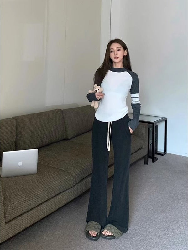 Hot Girl Striped Contrast Color Long Sleeves Knitted Top