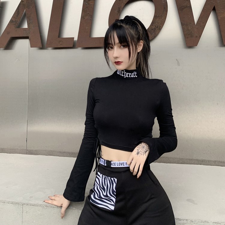 Street Hot Embroidered Tie Blouse Slim Long-sleeved Shirt