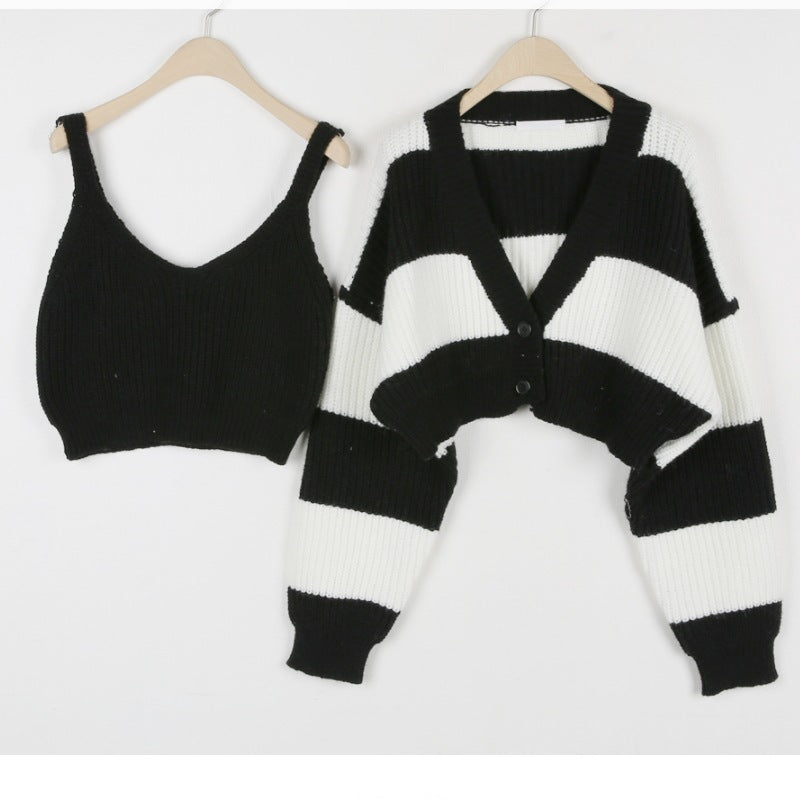 Women's Clothing Two-piece Set Sweater Striped Short Style Fashionable Knitted Suit