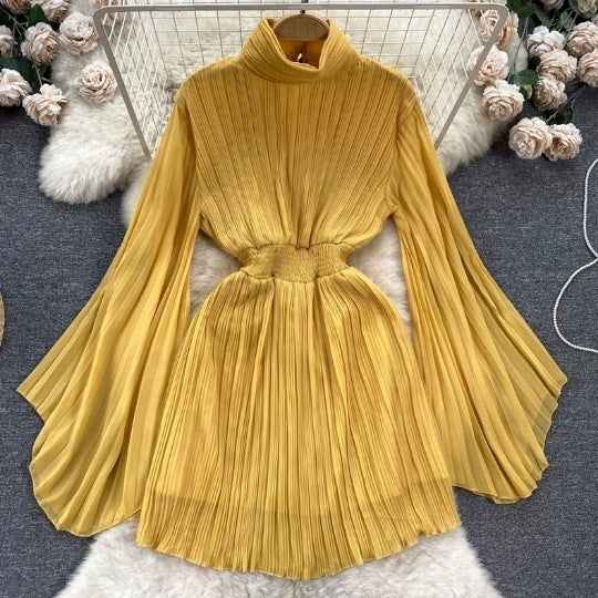 Spring And Autumn Pleated Bell Sleeve Turtleneck Dress