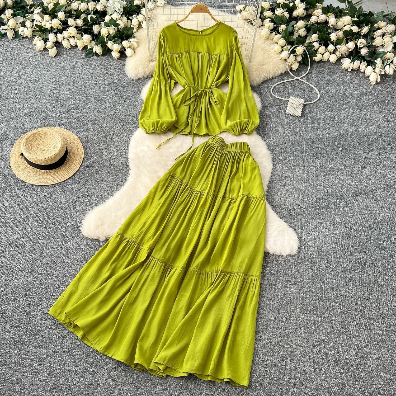 Suit Women's Spring French Style Lace-up Waist-controlled Round Neck Long Sleeve Shirt High Waist Drooping Skirt