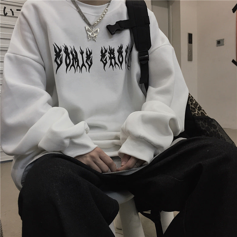 Dark Wings Alphabet Print Crew Neck Fleece Sweatshirt