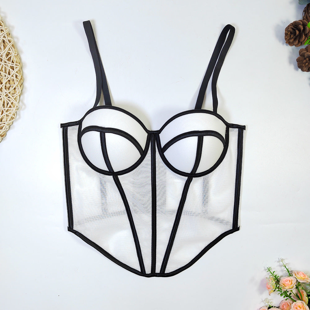 Cross Border Foreign Trade Fishbone Mesh Tube Top Backless Design Lines Contrast Color Corset Sexy Top