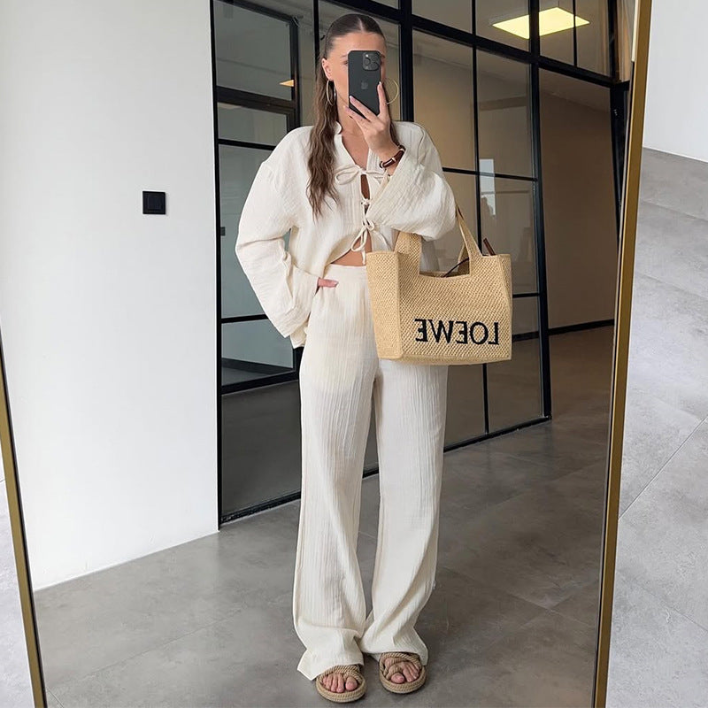 Summer New Solid Color Bow Long Sleeve Shirt Wide Leg Trousers Casual Suit