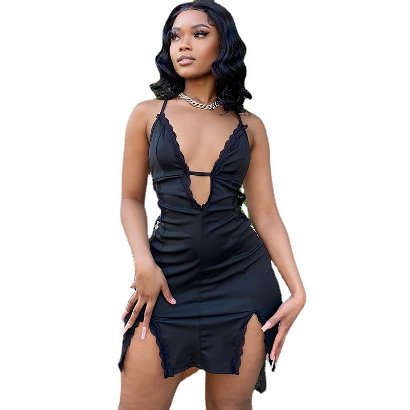 Hollow-out Camisole Lace Patchwork Slit Sheath Dress