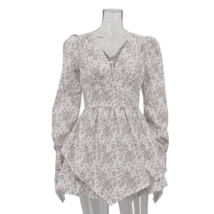Retro Printed V-neck Long Sleeve Irregular Hem Dress