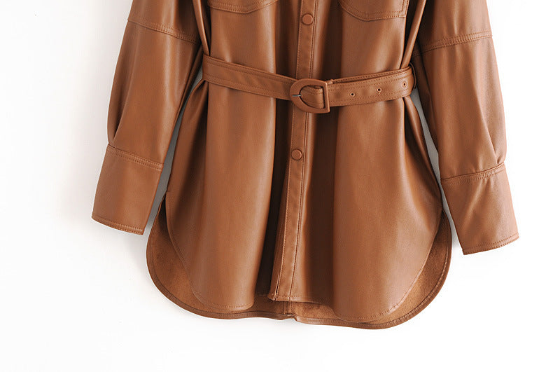 Women's Mid-Length Tunic Leather Shirt Jacket