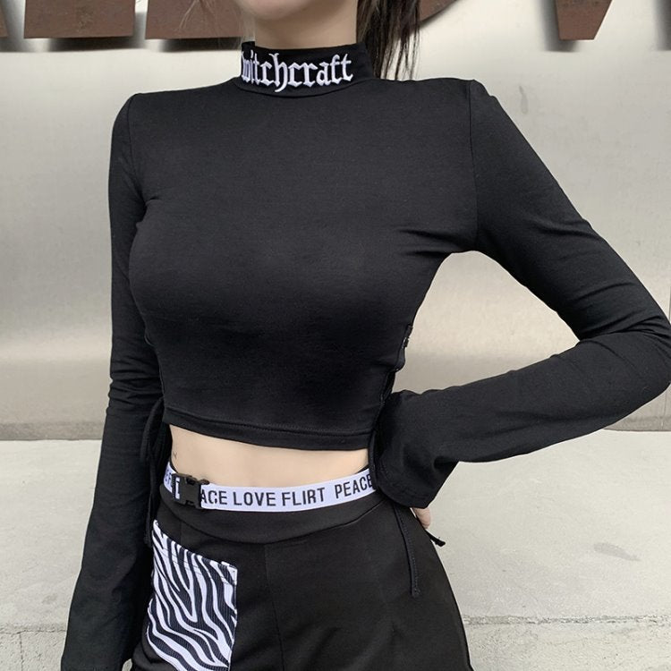 Street Hot Embroidered Tie Blouse Slim Long-sleeved Shirt