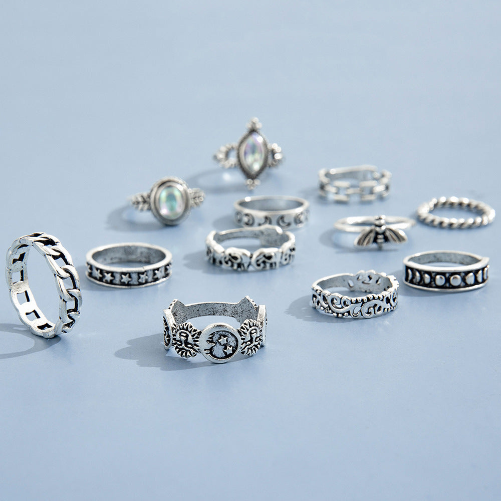 Twelve-piece Moon Embossed Lion Head Joint Ring Set