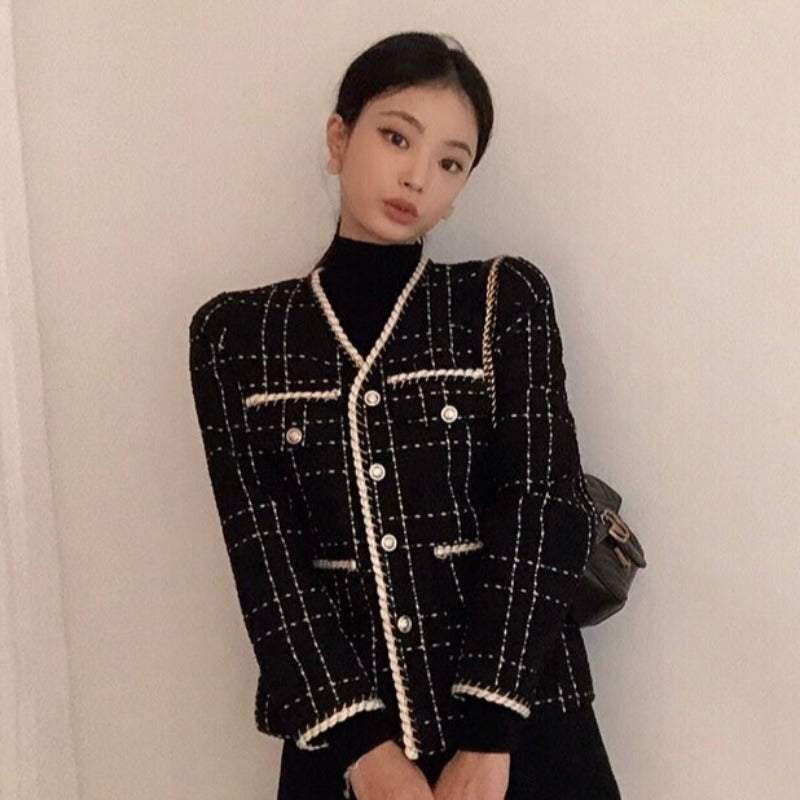 Contrasting Pearl Button Loose Pocket Long Sleeve Tweed Short Coat