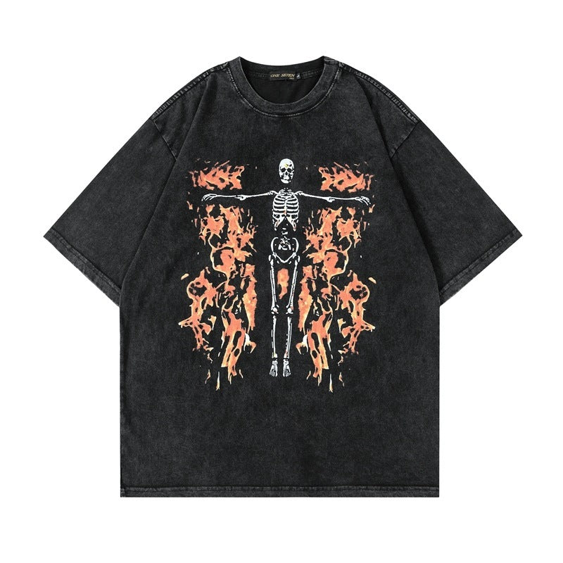 High Street Vintage Fashion Skull Flame Print T-shirt