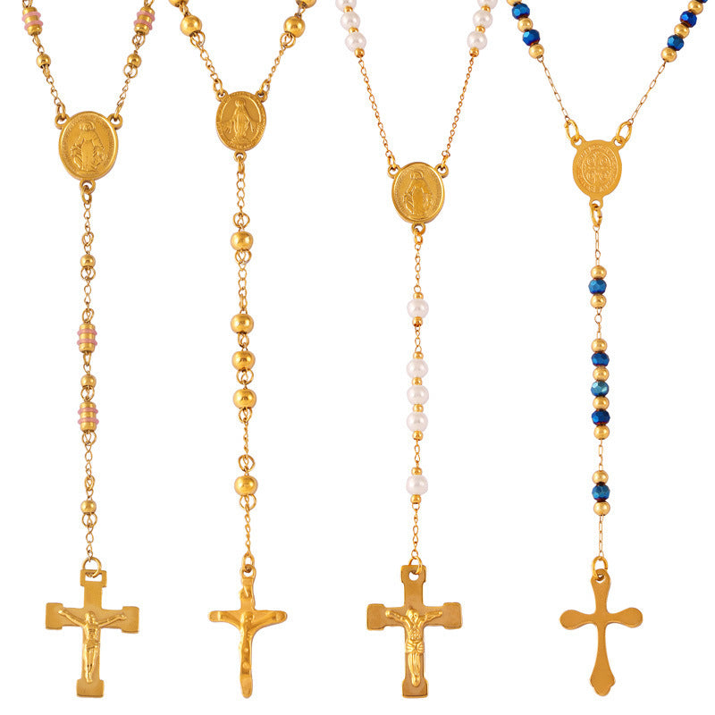 Retro Aloofness Style Personalized Hip Hop Niche Necklace Tassel Cross Pendant Titanium Steel Gold Plated Ornament