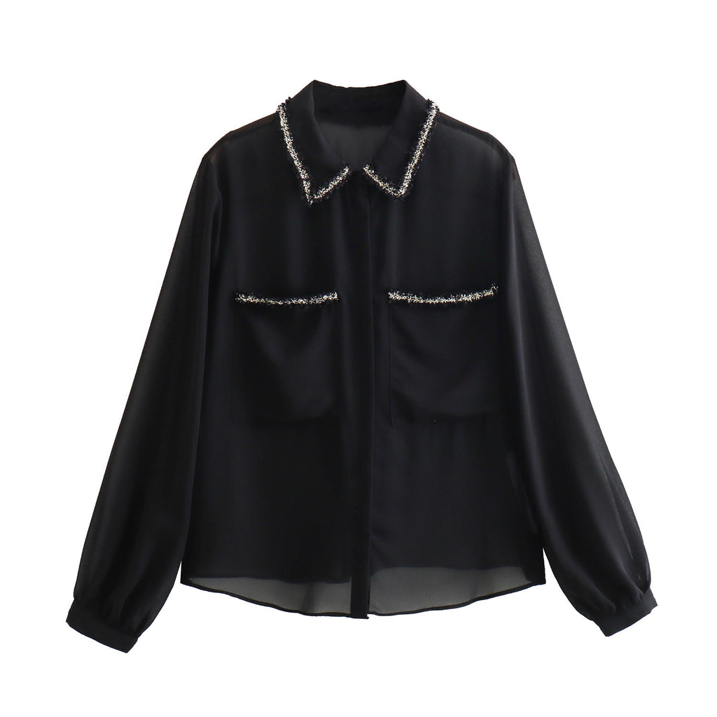 Autumn New European And American Style Texture Patchwork Pocket Decorative Chiffon Loose Shirt
