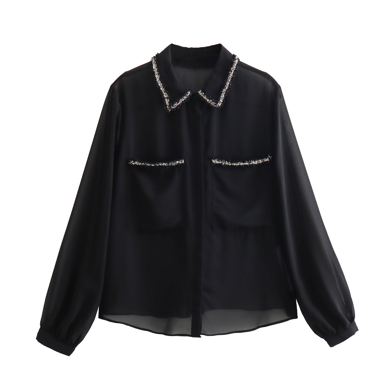 Autumn New European And American Style Texture Patchwork Pocket Decorative Chiffon Loose Shirt