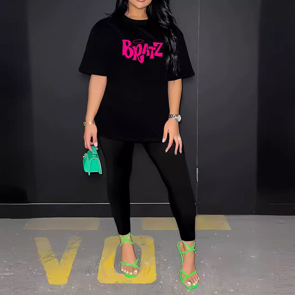 Printed Crew Neck Casual Trousers Short T-shirt Two-piece Set