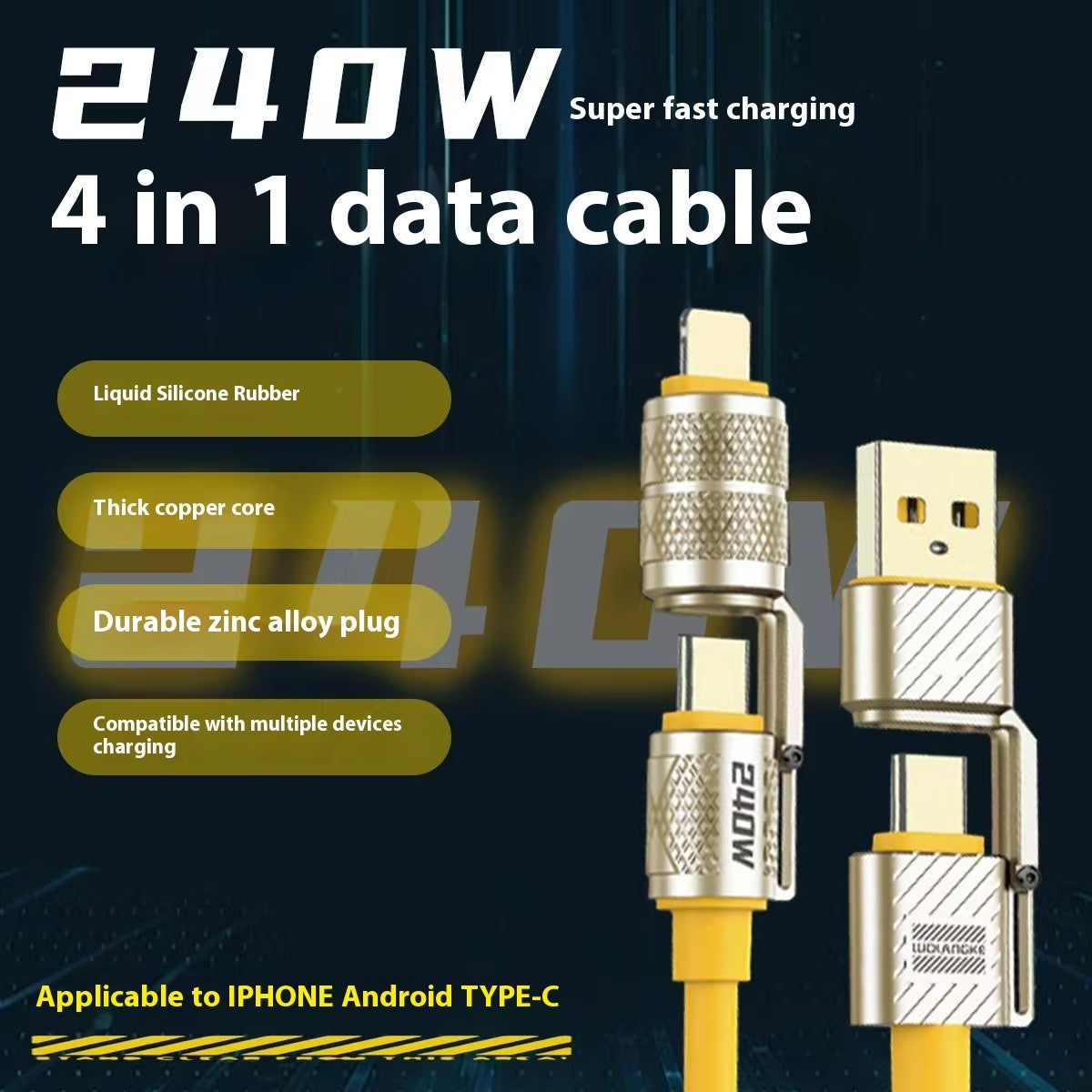 120W Zinc Alloy Fast Charging Four-in-one Charging Multi-function Switching Interface Double Typec Bold Silicone Data Cable