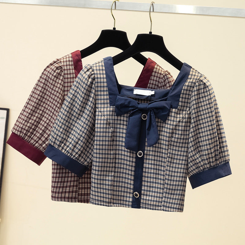 Large Size Women's Summer New Design Sense Niche Square Collar Short Puff Sleeve Top And Fat Sister Plaid Shirt