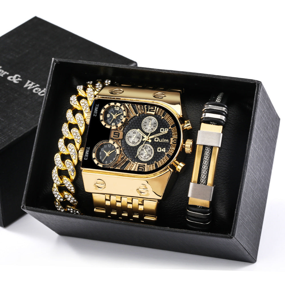 Set Multi-time Zone Large Dial Luminous Men's Watch Steel Belt Leisure