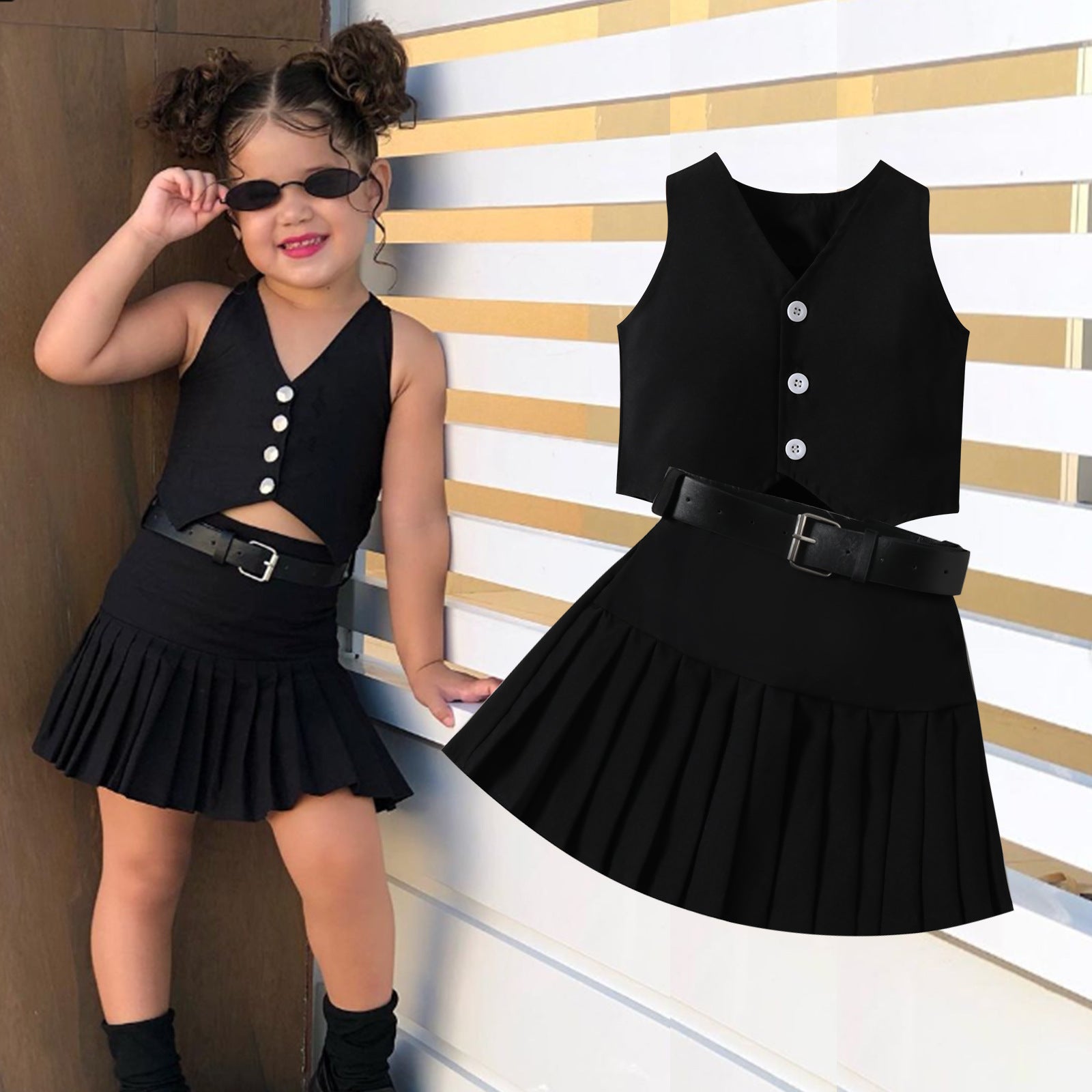 Girls' Fashionable V-neck Solid Color Single-breasted Vest Top Pleated Skirt Belt Three-piece Set